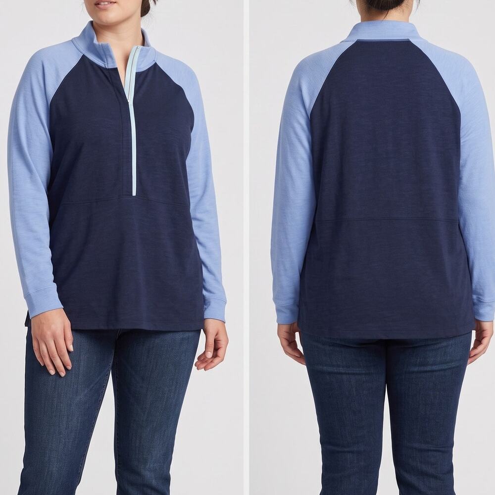T by Talbots 50+ UPF 3X Blue Snap Mock Neck Top Cotton Modal Spandex
